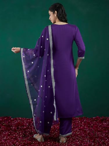 Image of INDO ERA Women's Embroidered Silk Blend Calf Length Straight Kurta Trouser With Dupatta Set