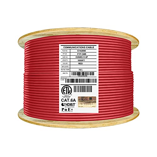 Elite Cat6A Shielded Riser (CMR), 1000ft, FTP 23AWG, Solid Bare Copper, 650MHz, 10Gb Speeds, UL Listed, UL-LP Certification, Higher Performance PoE++, TAA Compliant, Bulk Ethernet Cable Reel, Red