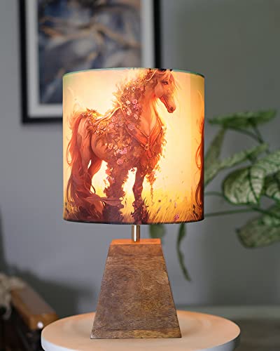 Image of Homesake Wooden Base Pyramid Table Lamp, Lamps for Living Room, Bedside Night Lamp, Lamp for Bedroom Decoration, Modern Home Decorative Light, Desk Lamp,Study Lamp, Home Decor, Floral Horse Shade