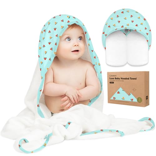 Image of KeaBabies Hooded Baby Towel for Newborn, Baby Bath Towels(Melon Beat,35x35) | Viscose Derived from Bamboo, Large Baby Towels with Hood, Boys, Girls, Toddler, Soft Absorbent Baby Bath Essentials