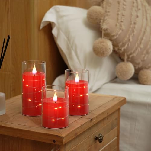 Image of Homemory Flickering Flameless Candles with String Lights, Battery Operated Candles, Embedded String Lights LED Candles, Unbreakable Plexiglass Candle with Remote, Set of 3, Red