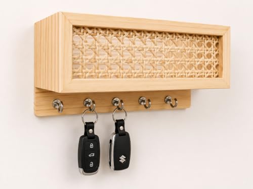 Image of CentraLit Wooden Rattan Key Holder for Home Decor Stylish, Wall Mounted Key Holder with 5 Hooks & Shelf, Key Stand for Wall, Key Hangers for Room, Key Chain Holder for Home