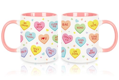 Whaline 2Pcs Valentine's Day Couple Mug Set Conversation Heart Coffee Mugs Colorful Heart Saying Mugs for Anniversary Wedding Engagement Couple Gifts, 12oz