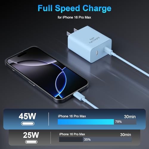 Image of iPhone 17 16 15 Charger Fast Charging, 45W Dual USB C Phone Charger Block with 10FT Long Type C Cable Cord for Apple iPhone 17 /Pro /Pro Max /17 Air /16 Pro /16 Pro Max /15 Plus /15 Pro /iPad /S26 Ultra(Blue)