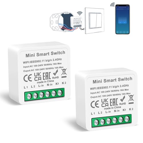 2 Pack CNBINGO Smart Lichtschalter Modul, Passt hinter Traditionelle Wandschalter, WLAN Mini DIY Schalter Relais Modul, Kompatibel mit Alexa und Google Assistant, Neutralleiter Erforderlich, 2-Fach