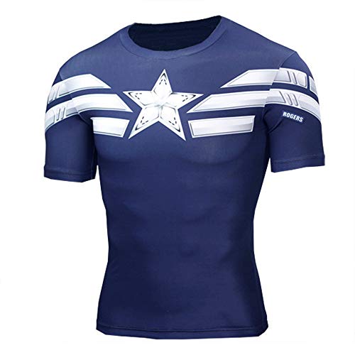 HOOLAZA Captain America Blue Men's T-Shirt Fitness Sport Gym Compression Avengers Short Shirt Gym Training T-Shirt XXL
