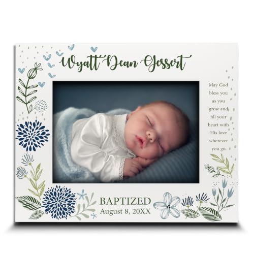 BELLA BUSTA-Personalize -Baptism, Dedication, Confirmation, First Communion Theme Picture Frame-Keepsake from Godparents, Friends, Family-UV Print Frame (Blue (5x7 Horizontal))
