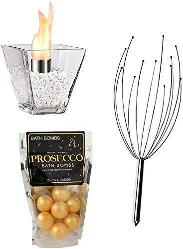 MonsterCadeaux Coffret Cadeau Détente, Set de 3 Pièces, Masseur de Tête, Feu de Table et 10 Boules à Bain Parfum ?Prosecco? Cover