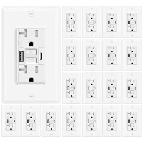 20A GFCI Outlet with USB A+C Ports (20 Pack) - Tamper-Resistant Self-Test GFI Electrical Outlet, ETL Listed, White