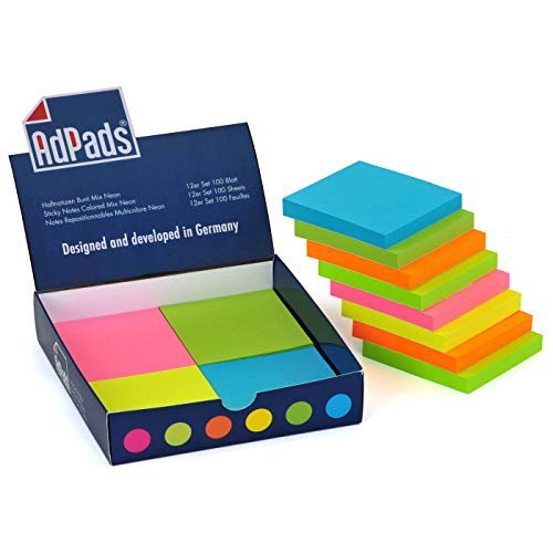 AdPads® selbstklebende Haftnotizzettel | 75 x 70mm, 12 Blöcke à 100 Blatt, Set Bunt Neonfarbe | Große Sticky Notes Box Cover