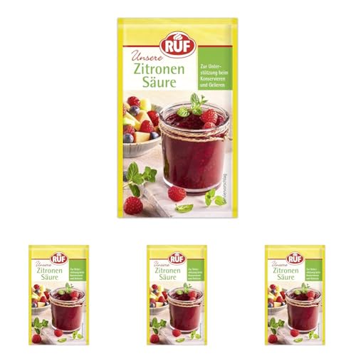 RUF Zitronensäure, zum Gelieren & Konservieren von Konfitüren, als Geschmack-Abrundung für Obst-Salate & Salatsoßen, zum Reinigen & Entkalken, 6 x 5g (Packung mit 4)