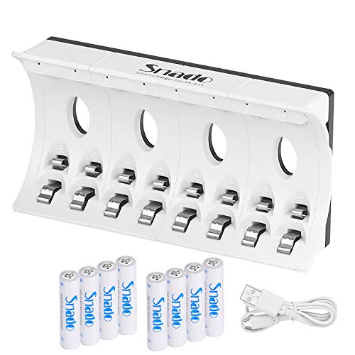 Snado Chargeur de Piles 8 Slots avec 8pcs AAA Piles Rechargeables 600mAh, pour AA/AAA Ni-MH/Ni-CD Piles Rechargeables (8*AAA + 1*Chargeur)