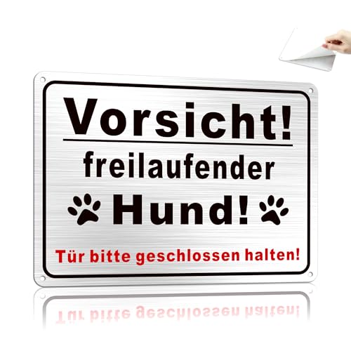 TAKULA Vorsicht Hund Schild 25 * 18cm, 'Freilaufender Hund' + Tür-Warnung, Hunde Warnschilder, Doppelmontage (Bohrung+Klebeband) | 1 Stück