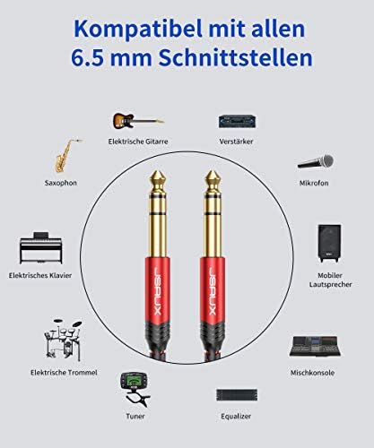 JSAUX Kabel Gitarowy 3M, 1/4" 6.35mm do 6.35mm TRS Stereo Audio Gitarowy Przewód Nylonowy Warkocz Jack Instrumentowy Kabel dla Gitary Elektrycznej, Basu, Wzmacniacza, Klawiatury - Czerwony