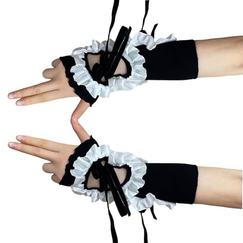 Shulmate Lolitas Crinkled Hollow Out Gloves Satins Lace Ribbon Adjustable Wrist Sleeves For Women Party Fashion Accessories(Black)