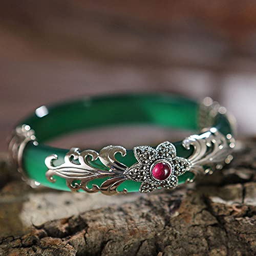 YQJY Natural Jadeite Jade Bangle Bracelet Jade Bangle Bracelets for Women Jewelry Chinese Style Retro Green Stone Bangle,S925 Silver Agate Chalcedony Bracelet,Fine Beauty Jade Bracelet,Green-60mm