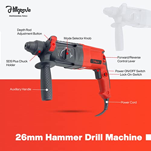 Image of Hillgrove HGHD26RD2 All Purpose 26 millimeters Hammer Impact Drill Machine Forward /Reverse Rotaion with 5 Bits for Making Holes in Metal /Wood /Concrete Hammer Drill (26 millimeters, 1200 W)