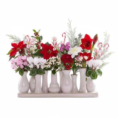 Jinfa Keramikvasen Set – 10 kleine Vasen auf Sockel – Antik-Weiß – Handgefertigte Mini Vasen – Boho & Nordic Tischdeko – Geschenkidee