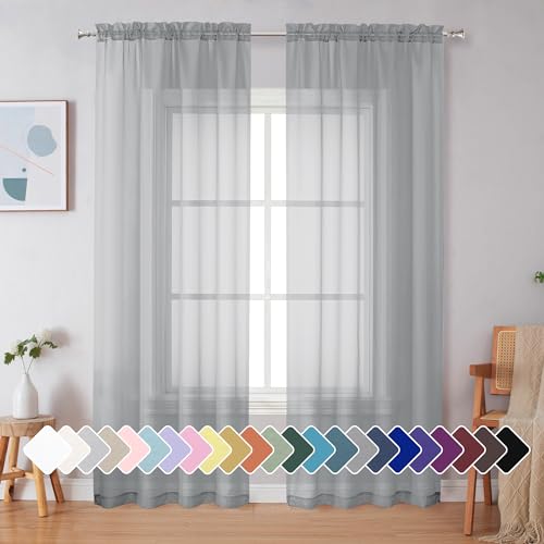 Image of Simplebrand Light Grey Sheer Curtains 90 Inches Long 2 Panels, Light Filtering Rod Pocket Solid Color Window Sheer Curtain Panels, Elegant Curtains & Drapes for Living Room, Bedroom, 42 inch W x 90 inch L