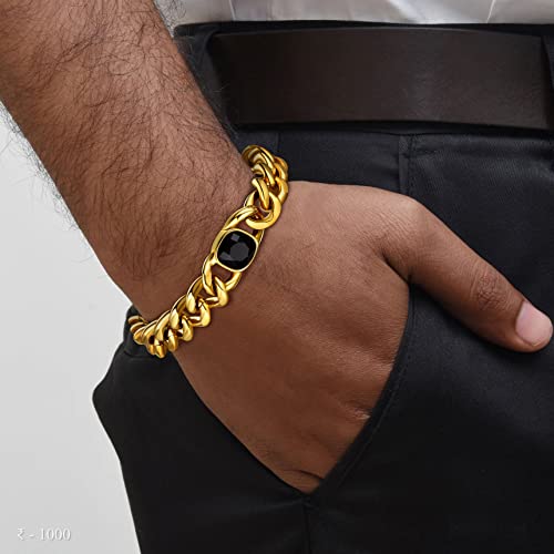 Bestyle 18K Gold Filled Mens Bracelets 11Mm Wide Gold Cuban Link Braclet For Women Men Black Cubic Zirconia Chain Bracelet Fashion Hand Jewelry, 19Cm #TOP2
