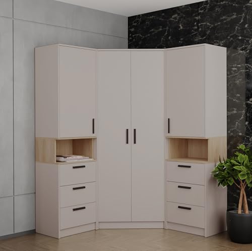 Design elegante e uso ottimale dello spazio: il nostro armadio angolare Gustavo 17 combina un design elegante e senza tempo con il massimo utilizzo dello spazio. La finitura bianca e gli accenti in rovere Riviera conferiscono al vostro spazio un'eleganza senza tempo. Posizionando nell'angolo, utilizzerai in modo ottimale lo spazio disponibile.