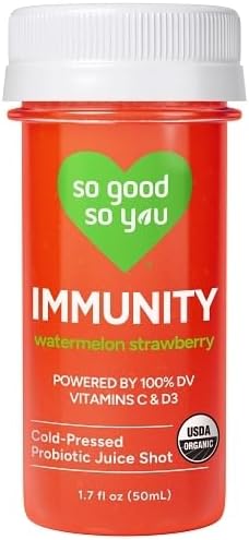 So Good So You Organic Immunity Shot, Watermelon Strawberry, Cold-Pressed, Contains Probiotic, Kosher, Non GMO, 1.7 Fluid Ounces (Pack of 12)