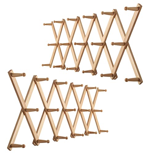WEBI Accordion Wall Hanger,Expandable Wooden Hat Rack for Wall Mounted Coat Rack,Accordion Hat Hooks Holder for Baseball Caps,17 Peg,Natural,2 Packs