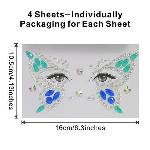 Noctilucent Face Jewels Temporary Tattoo-Luminous Face Gems Rhinestone Stickers Glow In Dark, Halloween, Rave Festival, Party Dress-Up, Skeletons, Spiderwebs, Butterfly, Cat Costume Accessories(4Sets) #TOP6