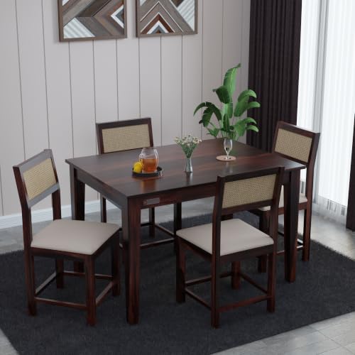 Image of DRIFTINGWOOD Amber Solid Sheesham Wood 4 Seater Dining Table Set with Rattan Back Chairs | Beige Velvet Cushioned Seating for Home & Dining Room (Walnut Finish, DIY)