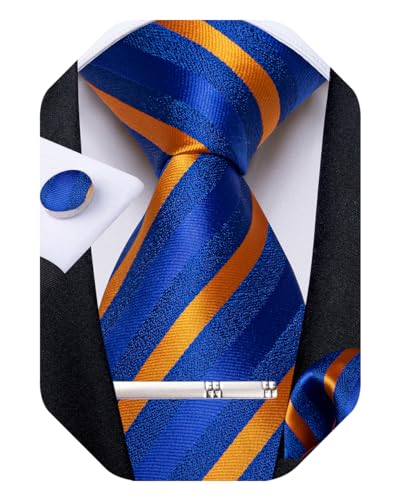 Image of DiBanGu Mens Tie Silk Plaid Striped Necktie and Pocket Square Cufflinks Tie Clip Set with Gift Box Formal Wedding Party