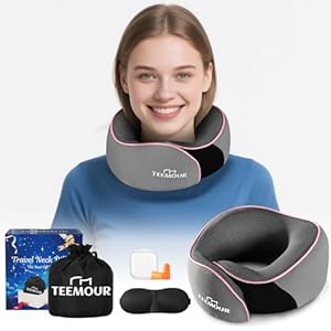 Travel Pillow for Adults,Memory Foam Airplane Pillow with 360 Neck Support, Includes Storage Bag, Eye Mask, Ear Plugs, Adjustable Travel Pillow for Long Flights,Train,Car & Business Trips(Pink Grey)