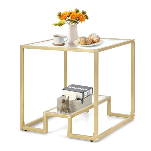 GIANTEX Mesa de Centro Cuadrada de Cristal Dorado - 2 Niveles de Vidrio Templado Con Marco de Metal - Moderna Para Salón y Té - 56 x 56 x 56,5 cm