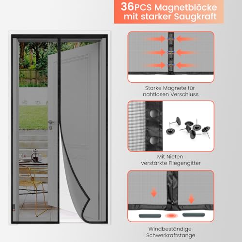 Schnellschließen Fliegengitter Balkontür Magnet mit Stärkere Magneten, 90 * 210cm Fliegengitter Tür Ohne Bohren,3.8cm Breites Klettband, Insektenschutz Balkontür, Für Balkontür/Terrassentür, Schwarz