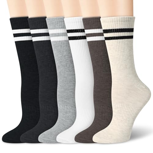 6 Paires Chaussettes Sport Femme Running Chaussette Hautes Femmes à Rayures Tendance Humidité Wicking Respirable Chausette Coton Socks pour Fille Entraînement Filles Gym