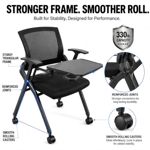 Image of Folding Training Chairs with Desk Attached, Office Meeting Chair with Writing Tablet & Cup Holder, Space-Saving Nesting Stackable Chairs with wheel for Conference Room,Seminar, Classroom Cha