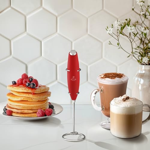 Image of Zulay Kitchen Powerful Milk Frother Wand With Duracell Batteries - Ultra Fast Handheld Drink Mixer - Electric Whisk Foam Maker for Coffee, Lattes, Cappuccino & Matcha - Z1 Motor - Cardinal Red