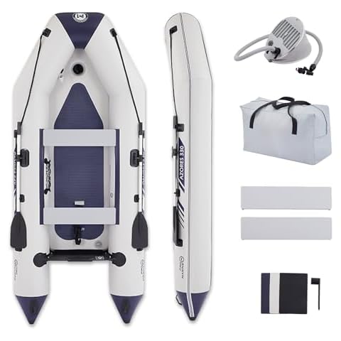 PROMARINE 10.8 ft Inflatable Dinghy Boats Raft Fishing Pontoon Boat Set with Fishing Rod Holders for 4-5 Person, White Cover