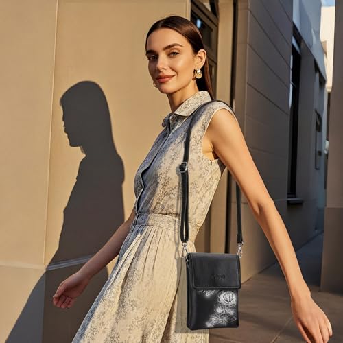 Image of Small Crossbody Bags for Women Trendy Vegan Leather Cell Phone Bag Embossed Flower Design Wallet Purses with Strap
