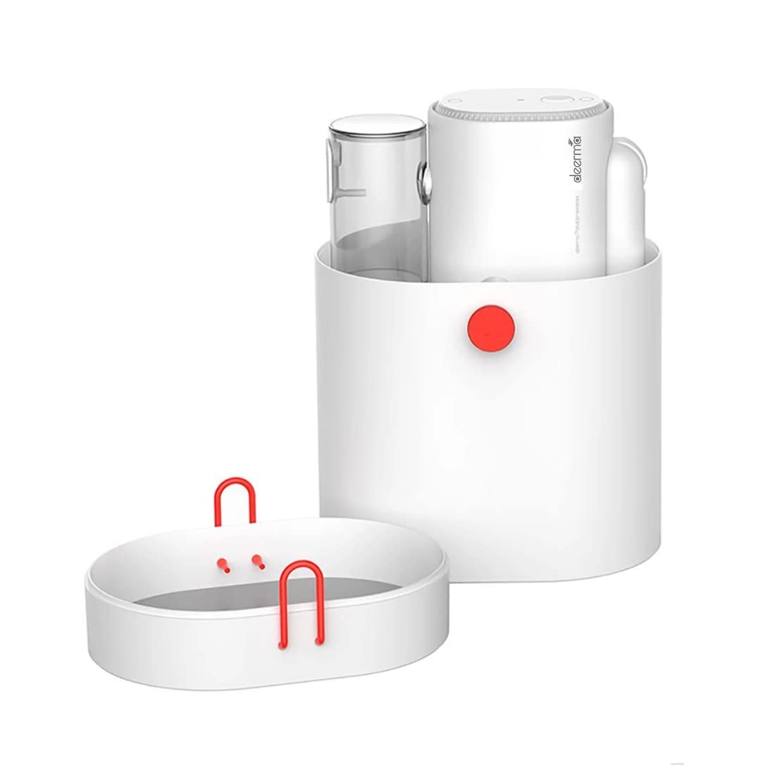 Deerma HS007 steamer and its accessories stored neatly in a white container.