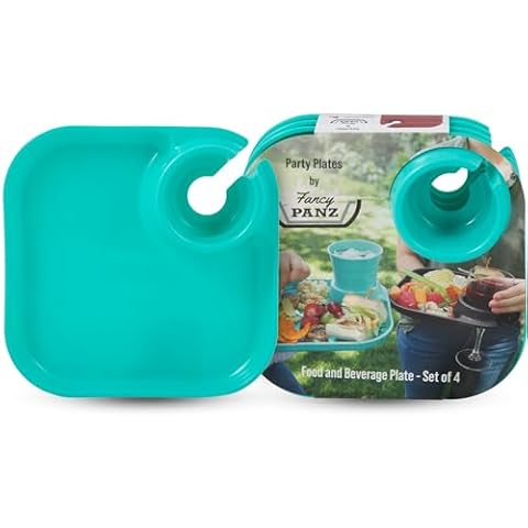 Fancy Panz Party Plates, Reusable Plates for Parties, Made in the USA Plastic Plates with Built In Cup Holder, Camping Plates, Picnic Accessories, Pack of 4 Party Plates, Aqua Cover
