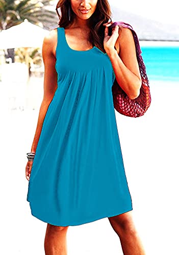 Image of Camisunny Women Casual Loose Tank Dresses Sleeveless Beach Vacation Dress Swing Pleated U Neck Fashion Soft