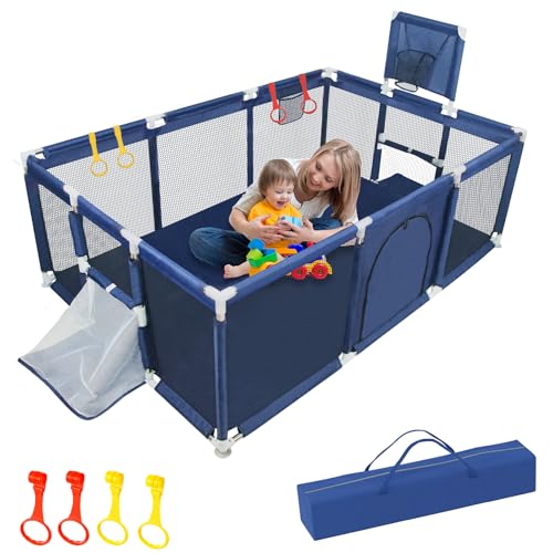 Image of Baby Playpen Large Playpen for Babies and Toddlers, Sturdy Baby Ball Pit w/Basketball Hoop Soccer Net, Indoor Outdoor Children's Fence Play Pen Activity Center Play Area, Infant Safety Gates(Blue)