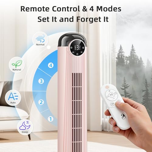 Image of Antarctic Star T42 Tower Fan-42 Inch, Bladeless Oscillating Fan with Remote, 6 Speeds & 4 Modes, LED Display, 9H Timer, Quiet Floor Standing Fan for Bedroom Living Room Office, Pink