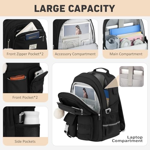 School Backpack for Teen Girls, Cute Laptop Backpack for Women Students, Middle High School Bags Aesthetic Bookbag for College Travel Fit 15.6 Inch Laptop (Black)2