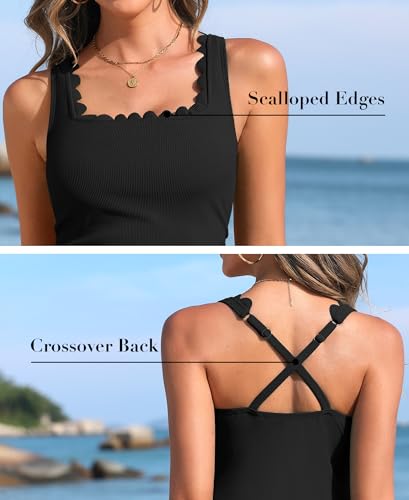 Scalloped Tankini Top Ribbed Bathing Suit Top Women Square Neckline Swimsuit Top3