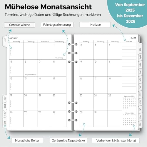 SKYDUE Kalendereinlage A5, Wochenplaner Einlagen 2026, Von Dezember 2025 Bis Dezember 2026, Kalender Einlagen 2026 1 Woche 2 Mit Tabs, Kalendereinlagen Für Kalender Ringbuch a5
