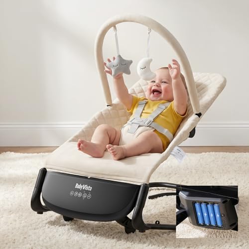 Electric Baby Bouncer Seat with Auto Rocking 3-in-1 Infant Bouncer & Rocker Chair Adjustable Height Battery or Plug-in Powered Music & Play Bar Portable Baby Bouncer for Babies 0-12 Months