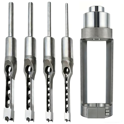 SOCOJE 4PCS Square Hole Drill Bit Set for Wood Woodworking Mortising Chisel Drill with 6.4/8/9.5/12.7mm Sizes Includes Square Hole Drill Bit Adapter for Precise Woodworking Drilling