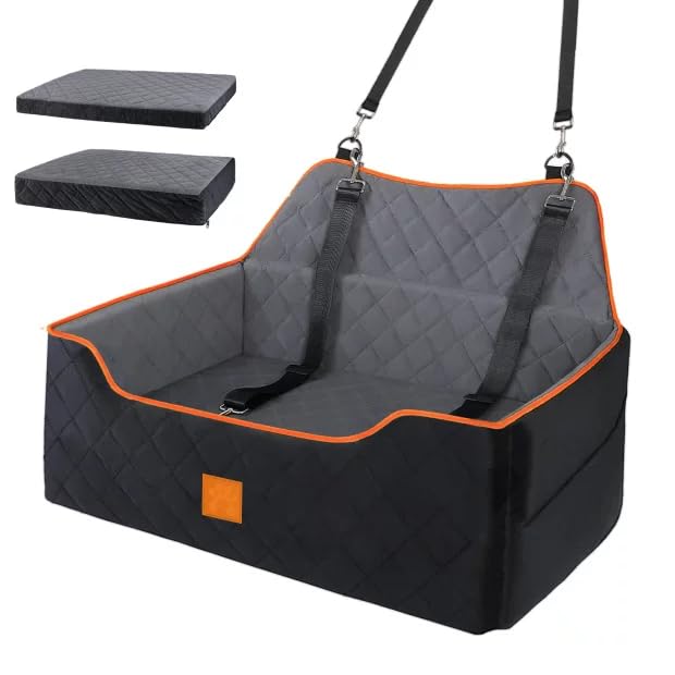 Hunde-Autositz für Hunde unter 25 kg oder 2 kleine Hunde, Sicherheits-Memory-Schaum-Autositz mit 2 Kissen und Sicherheitsleinen, großes Reisebett für den Rücksitz