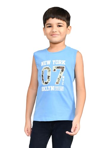 Image of Lux Cozi Printed Round Neck Sleeveless Cotton T-Shirt for Boys | Prints May Vary |